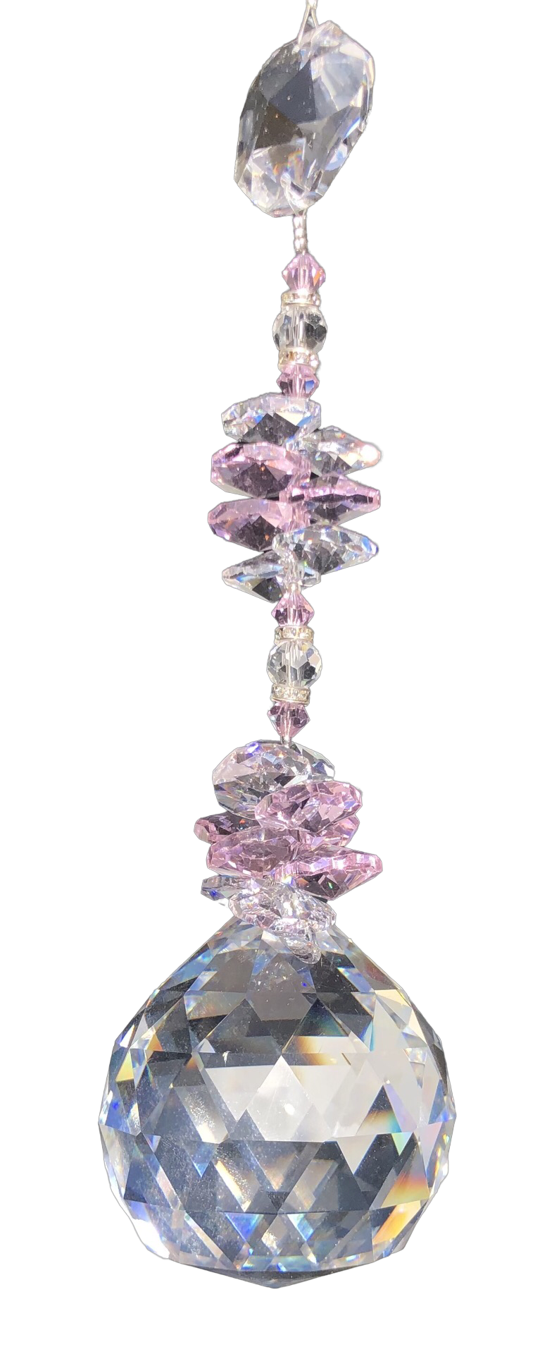 This large 50mm crystal ball suncatcher is decorated with crystal and rose quartz.