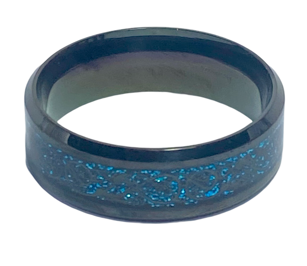 Stainless Steel - Black with blue pattern ring.  Size 14. RW248