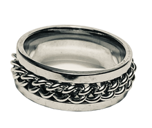 Load image into Gallery viewer, Fidget ring - silver ring with silver chain spinner Sizes 5, 6, 7, 8, 9, 10, 11, 12, 13, 14. FR73
