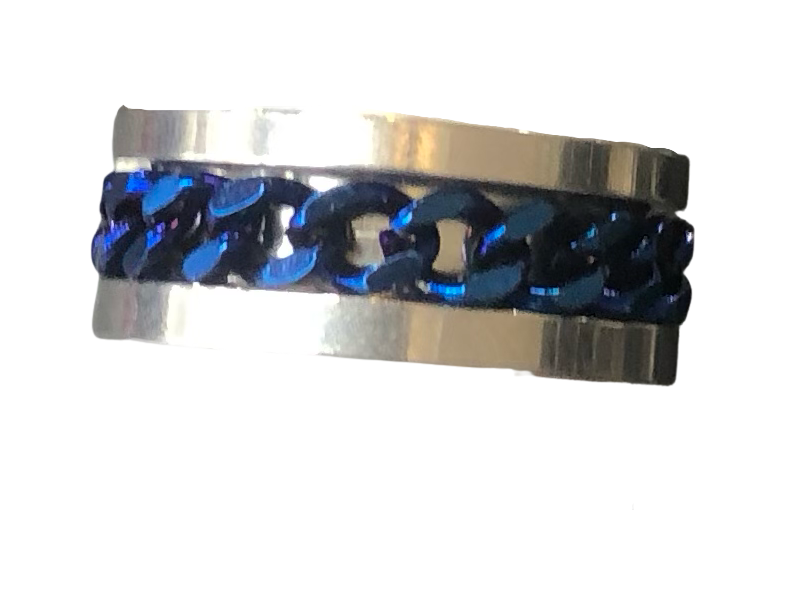 Fidget ring - silver ring with blue chain spinner. FR91