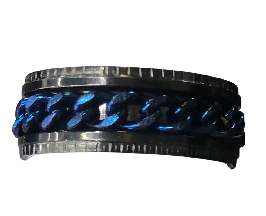 Fidget ring - black ring with blue chain spinner. FR97