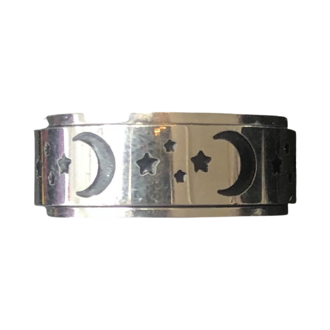 Fidget ring -  silver spinner with star and moons   (FR43)