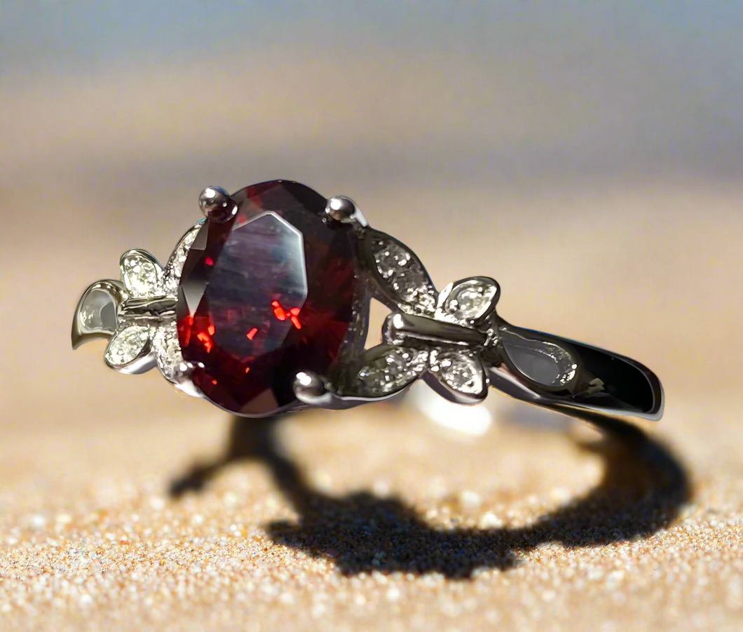 Sterling Silver - Red butterfly Cubic zirconia ring. Sizes 4, 5, 6, 8, 9. SS264