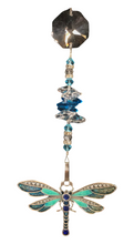 Load image into Gallery viewer, Dragonfly Blue suncatcher which is decorated with crystals and Turquoise gemstones
