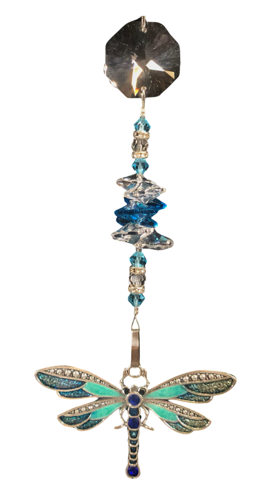 Dragonfly Blue suncatcher which is decorated with crystals and Turquoise gemstones