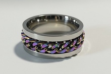 Load image into Gallery viewer, Fidget ring - silver ring with rainbow chain spinner Sizes  5, 6, 7, 8, 9, 10, 11, 12, 13, 14. FR160
