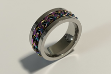 Load image into Gallery viewer, Fidget ring - silver ring with rainbow chain spinner Sizes  5, 6, 7, 8, 9, 10, 11, 12, 13, 14. FR160
