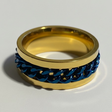 Load image into Gallery viewer, Fidget ring - gold ring with Blue chain spinner. Sizes 5, 6, 7, 8, 9, 10, 11, 12, 13, 14.  FR161

