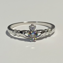 Load image into Gallery viewer, Sterling silver CZ Mystic Topaz Claddagh ring.  Sizes 4, 5, 9, 10, 11, 12. SD06
