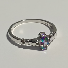 Load image into Gallery viewer, Sterling silver CZ Mystic Topaz Claddagh ring.  Sizes 4, 5, 9, 10, 11, 12. SD06
