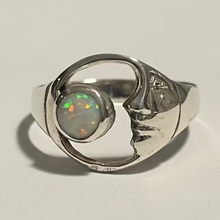 Load image into Gallery viewer, Sterling silver Moon ring, with manmade opal.  Sizes 4, 5, 6, 8, 9, 10. SD16
