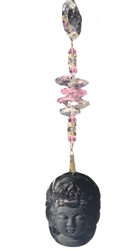 Carved Goddess suncatcher is decorated with crystals and Rose Quartz gemstones