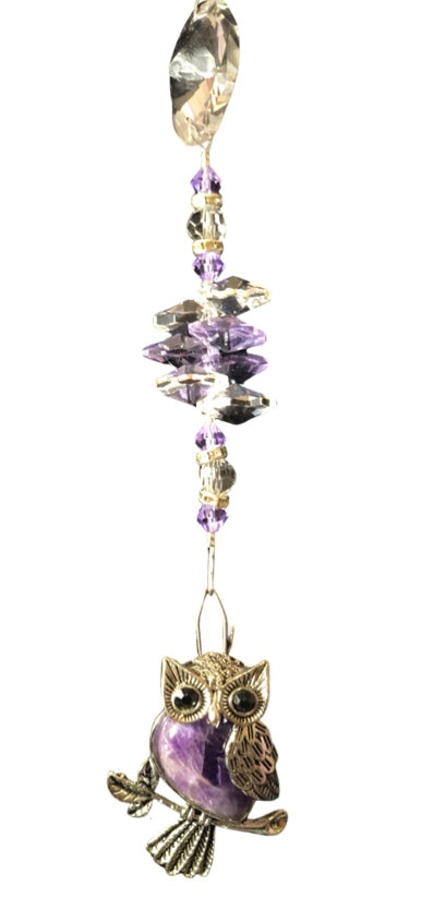 Owl suncatcher is decorated with crystals and Amethyst gemstones