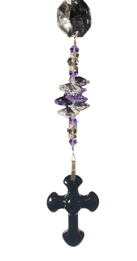 Carved Cross suncatcher is decorated with crystals and Rose Quartz gemstones
