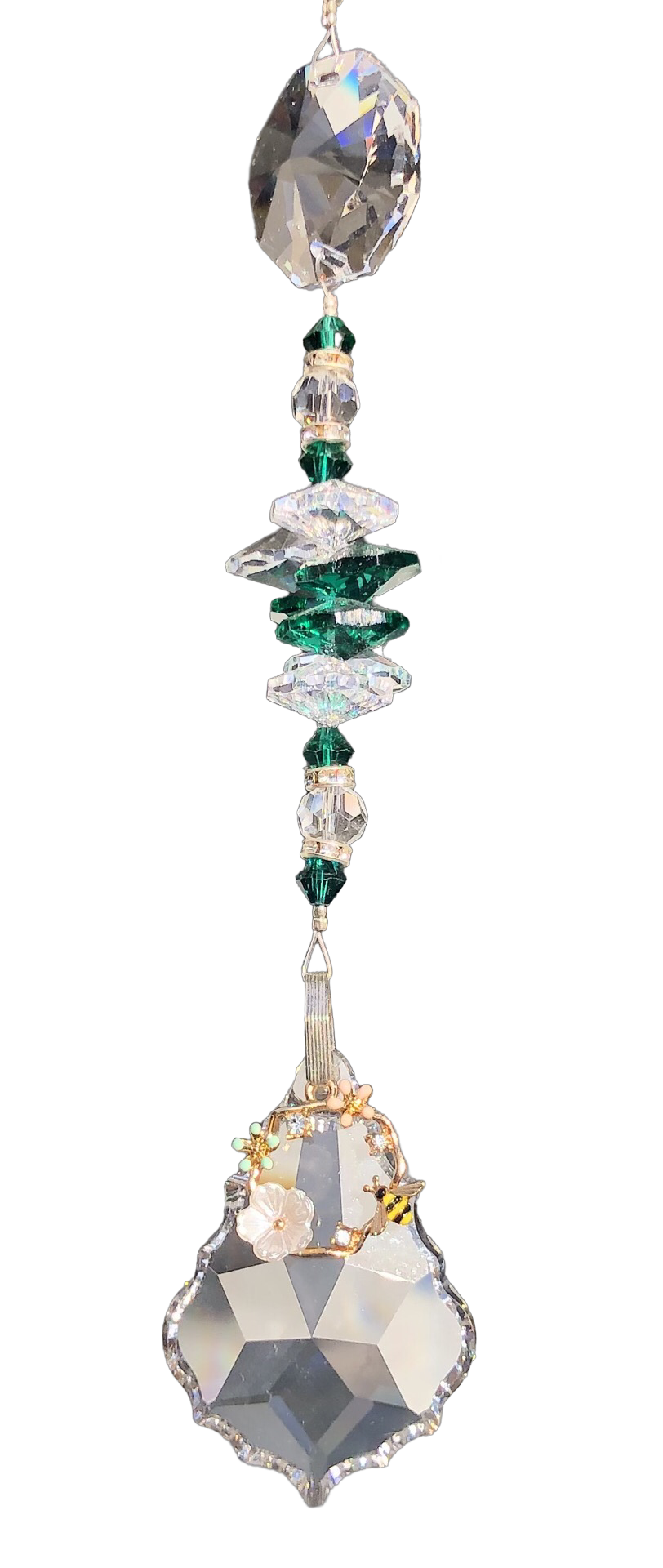 Bee & flowers 50mm Crystal starburst suncatcher, is decorated with crystals and malachite.