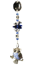 Load image into Gallery viewer, Owl suncatcher is decorated with crystals and Lapis Lazuli gemstones
