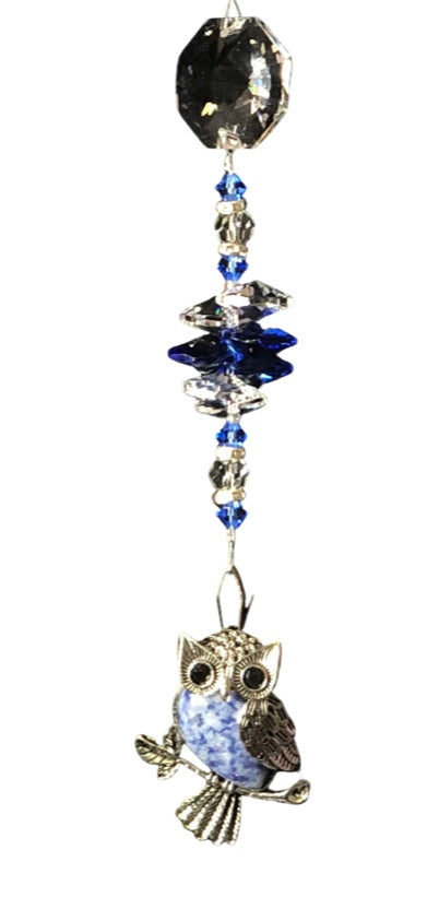 Owl suncatcher is decorated with crystals and Lapis Lazuli gemstones