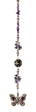 Load image into Gallery viewer, Butterfly Sparkle Purple suncatcher which is decorated with crystals and Amethyst

