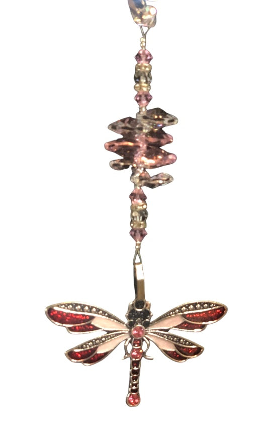Dragonfly Pink and Red suncatcher which is decorated with crystals and Rose Quartz