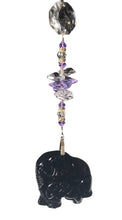 Load image into Gallery viewer, Mother and Baby Elephant suncatcher is decorated with crystals and Amethyst gemstones
