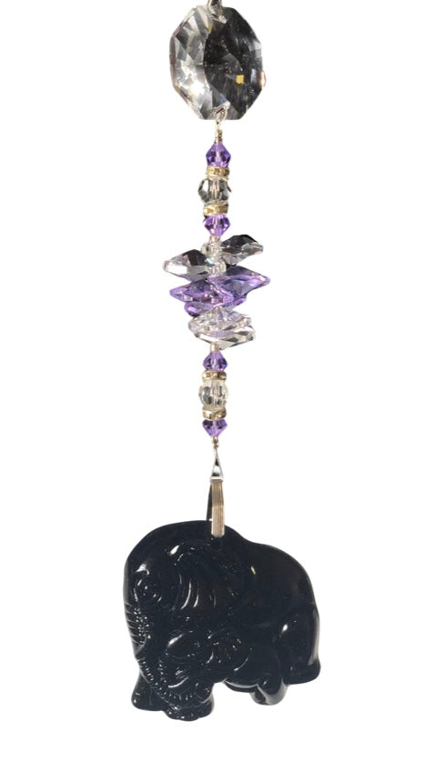 Mother and Baby Elephant suncatcher is decorated with crystals and Amethyst gemstones