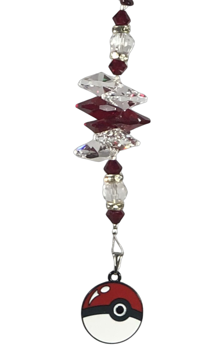 Pokémon Ball  - crystal suncatcher, decorated with garnet gemstone