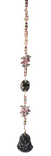 Load image into Gallery viewer, Carved Buddha suncatcher is decorated with crystals and Rose Quartz gemstones
