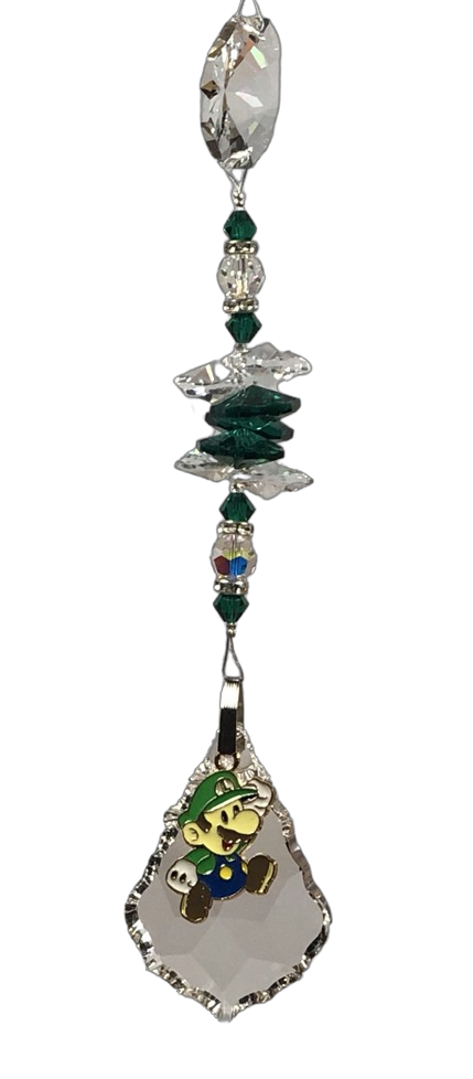 Mario- Luigi crystal suncatcher, decorated with 50mm Starburst crystal and malachite gemstone.