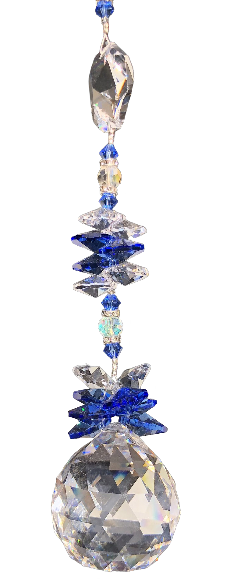 This large 50mm crystal ball suncatcher is decorated with crystal and blue lace agate