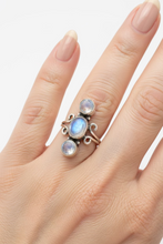 Load image into Gallery viewer, sterling silver ring with three oval moonstone gemstones in a row. 

