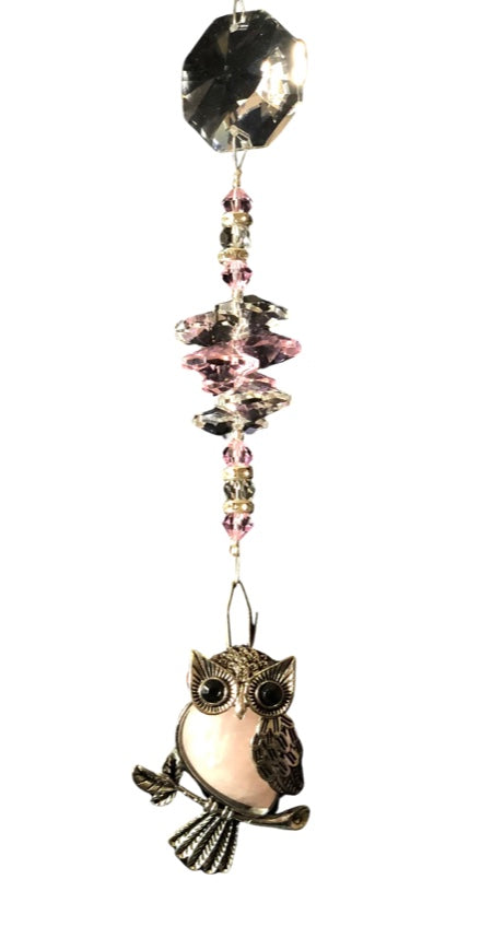 Owl suncatcher is decorated with crystals and Rose Quartz gemstones
