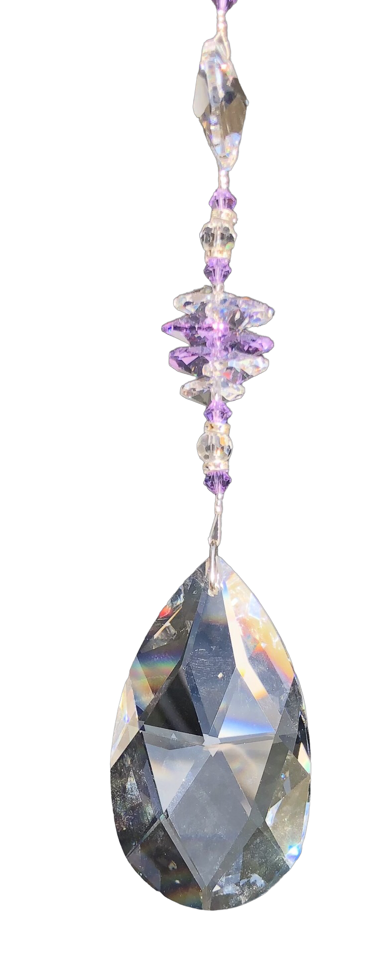 79mm Crystal almond suncatcher, is decorated with crystals and amethyst