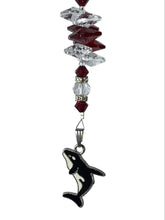 Load image into Gallery viewer, Orca Whale Crystal Suncatcher decorated with garnet gemstones CH43
