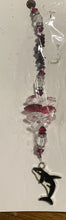 Load image into Gallery viewer, Orca Whale Suncatcher decorated with garnet gemstones CH295
