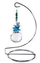 Load image into Gallery viewer, Butterfly -  blue crystal suncatcher is decorated with turquoise gemstones and come on this amazing large stand.
