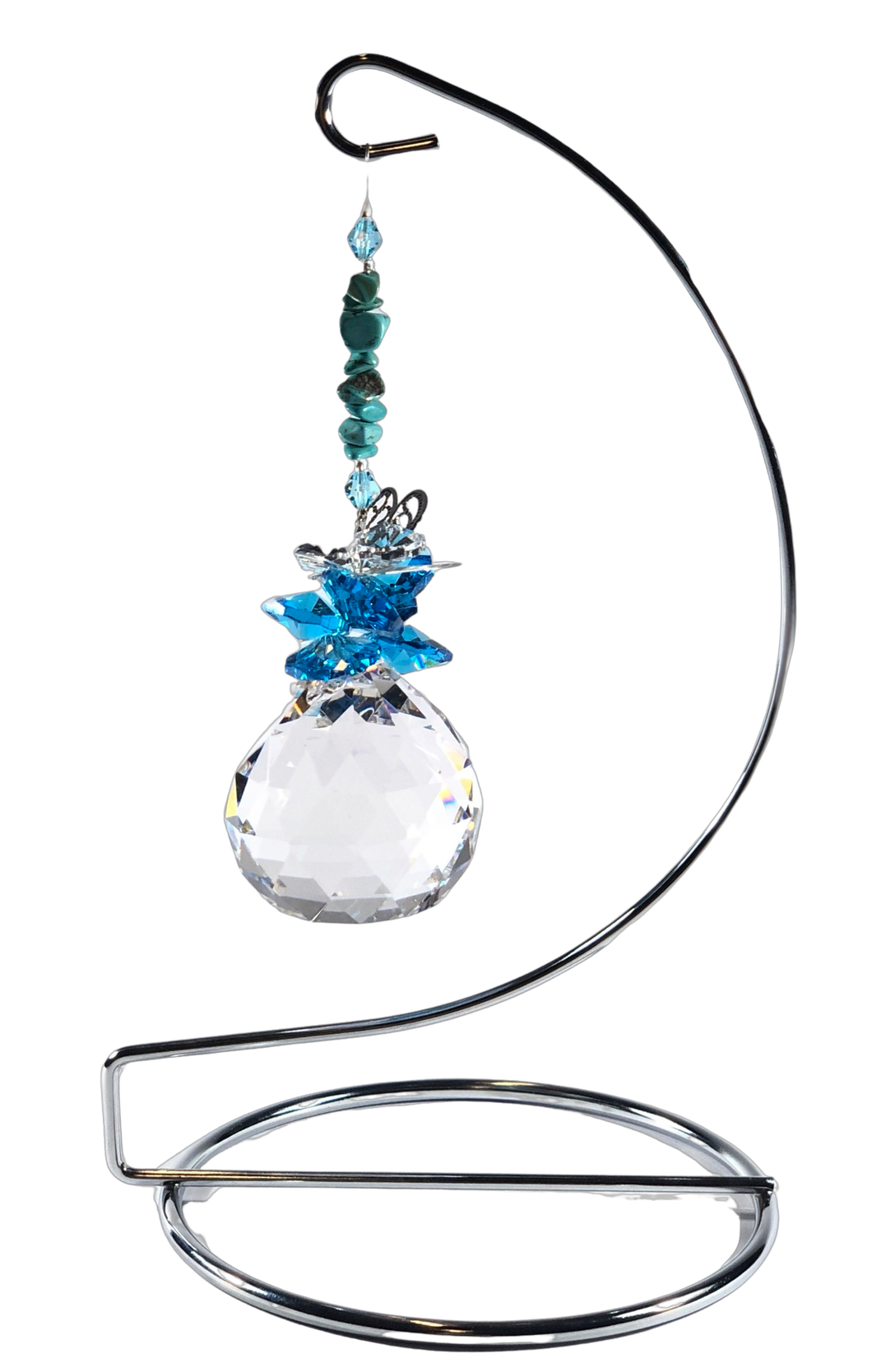 Dragonfly -  blue crystal suncatcher is decorated with turquoise gemstones and come on this amazing large stand.