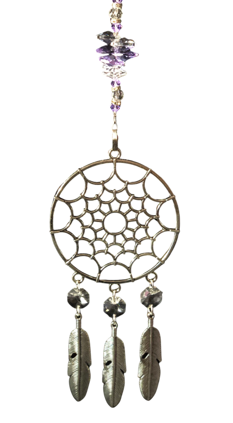 Dreamcatcher suncatcher is decorated with crystals and Amethyst gemstones