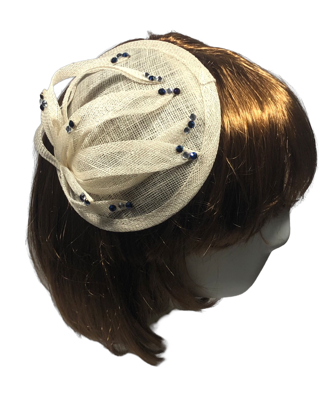 Stunning Cream Fascinator with blue & crystal sparkles     (FS095)