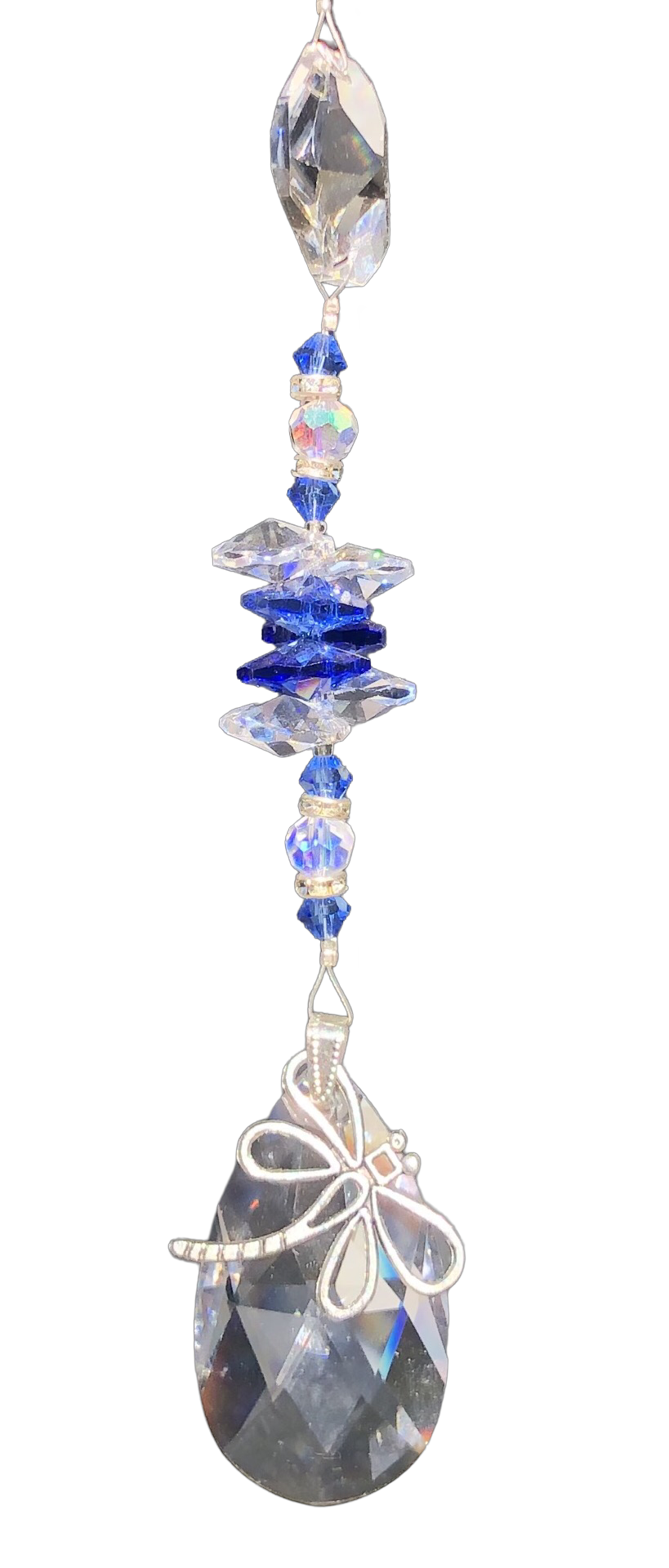 Dragonfly 50mm Crystal almond suncatcher, is decorated with crystals and Lapis Lazuli.