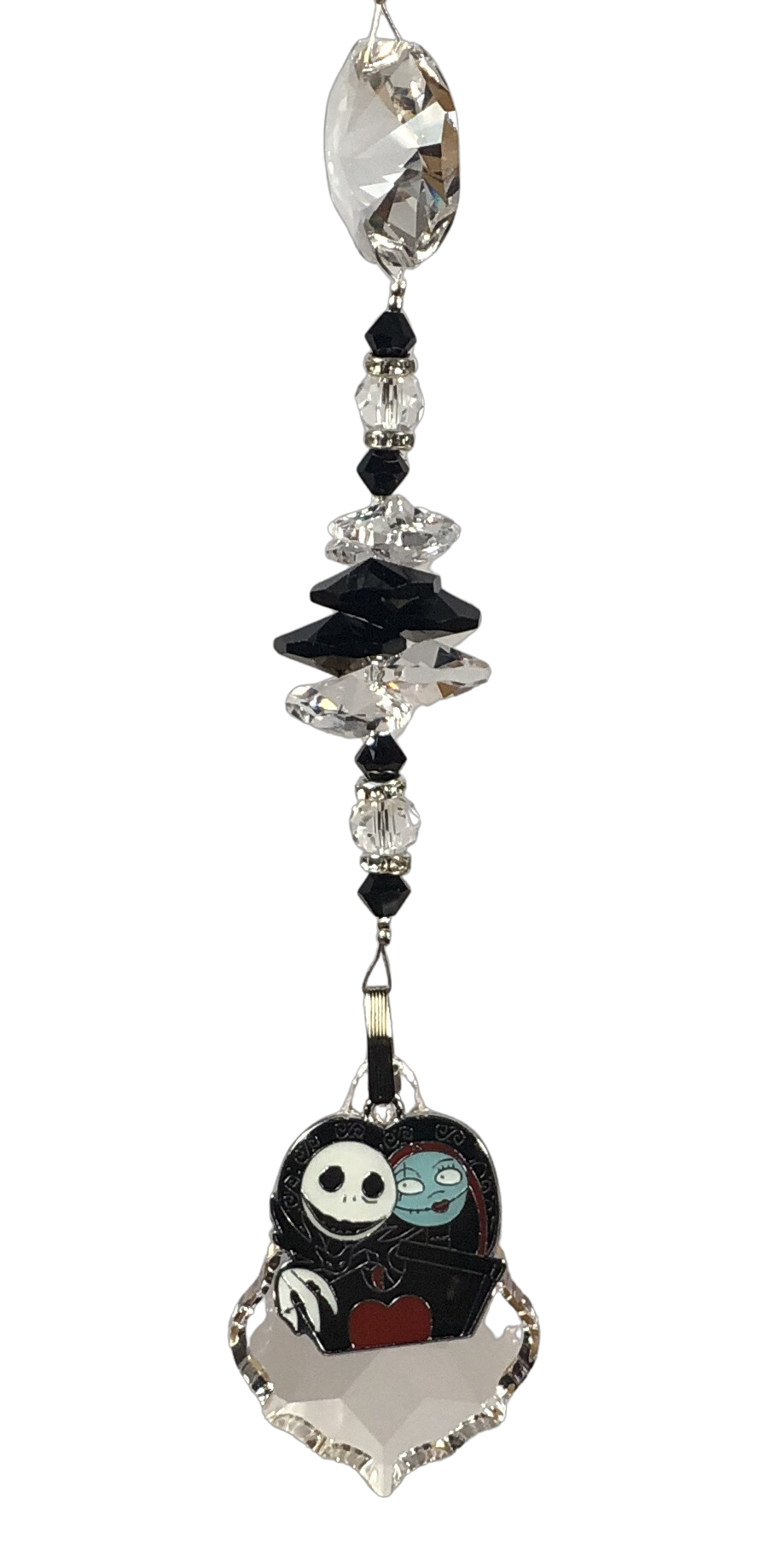 A Nightmare Before Christmas - Jack & Sally crystal suncatcher, decorated with 50mm Starburst crystal and snowflake obsidian gemstone.