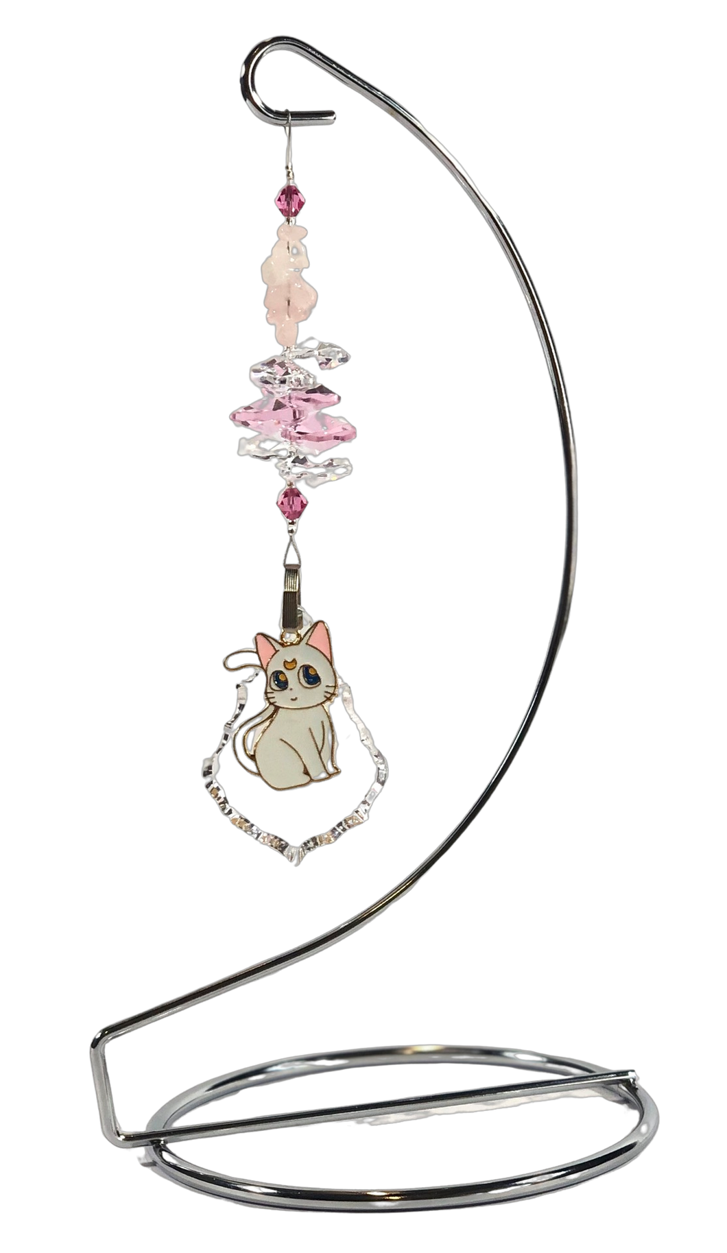 Sailor Moon - Artemis crystal suncatcher is decorated with rose quartz gemstones and come on this amazing stand.