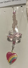 Load image into Gallery viewer, Rainbow Heart Suncatcher decorated with rose quartz gemstones CH277
