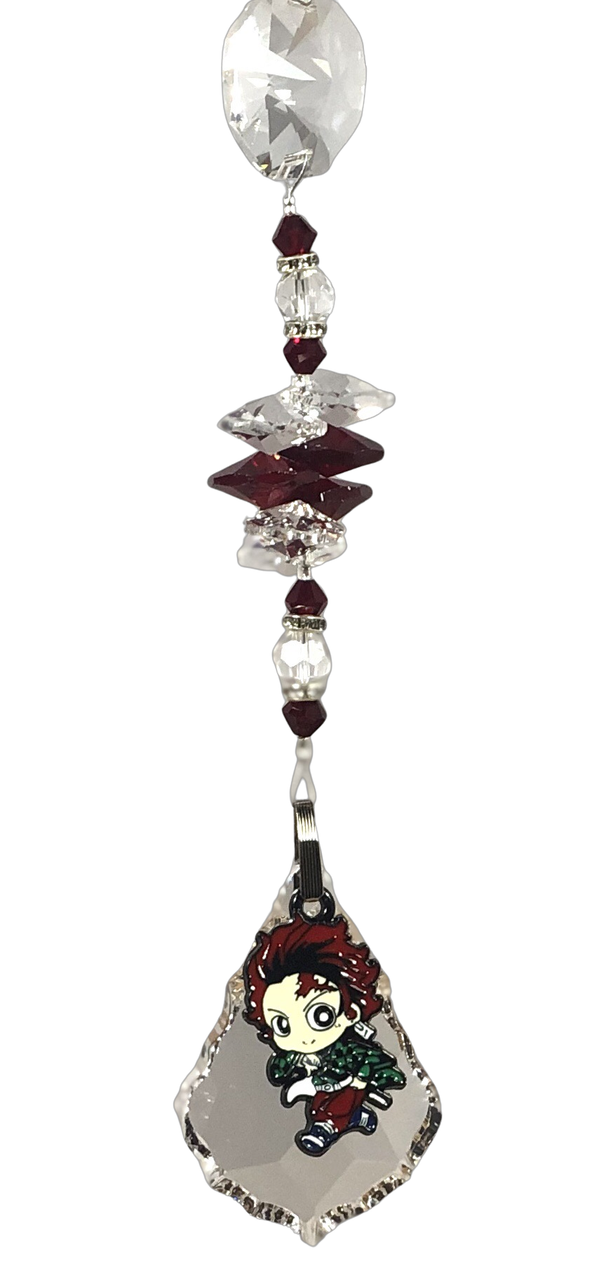 Demon Slayer -Tanjirou crystal suncatcher, decorated with 50mm Starburst crystal and garnet gemstone.
