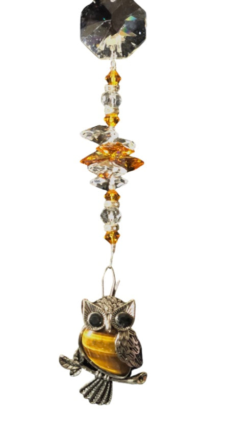 Owl suncatcher is decorated with crystals and Tigers Eye gemstones