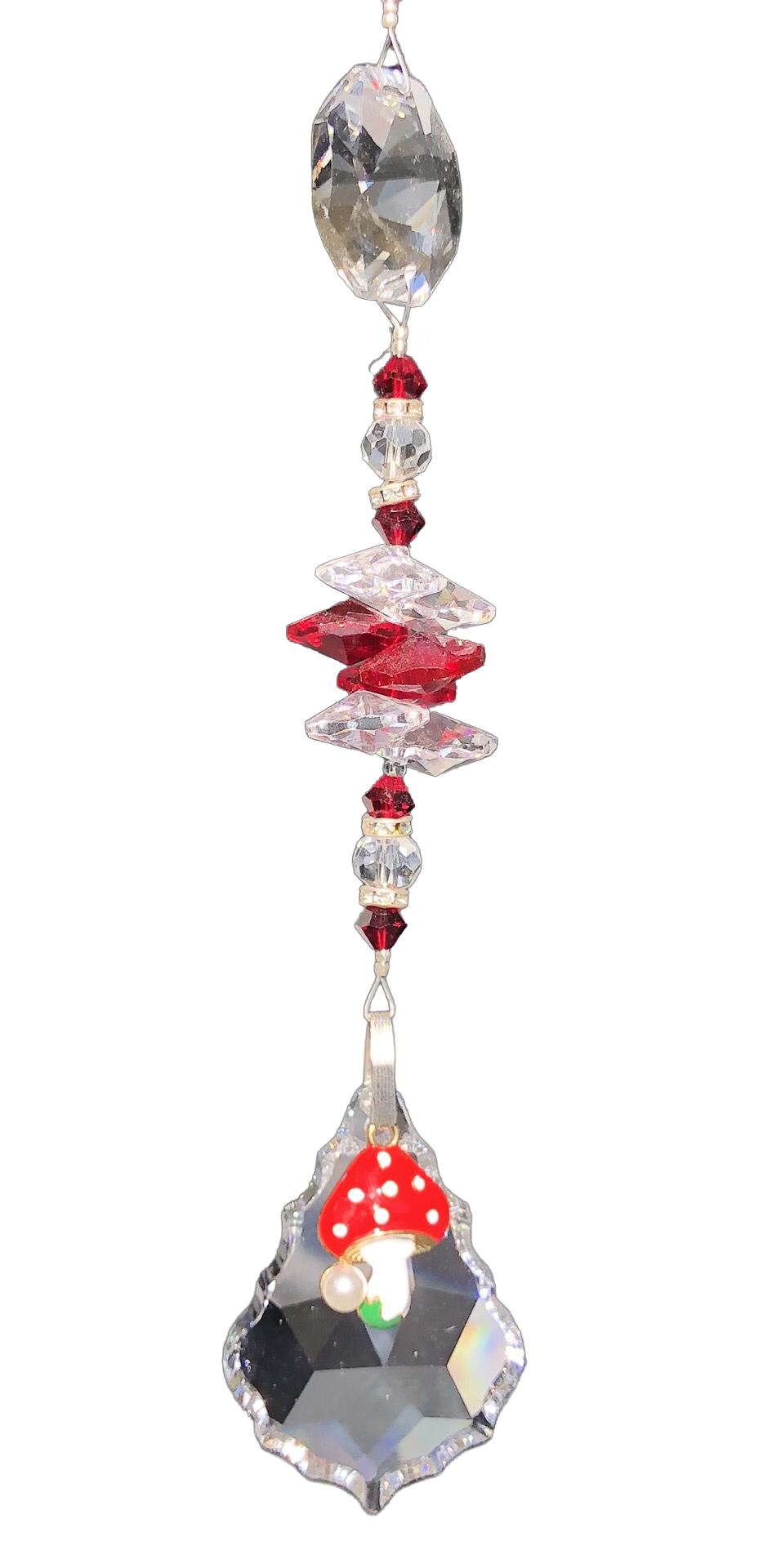 Mushroom 50mm Crystal starburst suncatcher, is decorated with crystals and garnet.