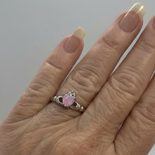 Load image into Gallery viewer, Sterling Silver -  Claddagh Pink Opal (man made)  zirconia ring. Sizes 7, 10.  SS255
