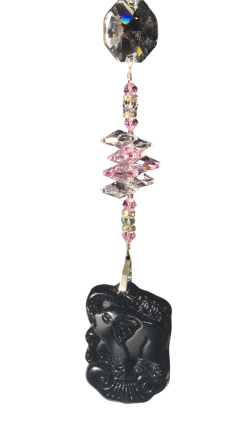 Carved Elephant suncatcher is decorated with crystals and Rose Quartz gemstones