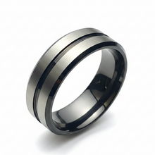 Load image into Gallery viewer, A brushed silver metal ring band with two polished black inlay stripes, shown on a clean white background.
