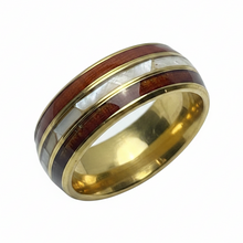Load image into Gallery viewer, A gold-plated band ring featuring a double inlay of reddish-brown wood and white mother-of-pearl, shown on a plain white background.

