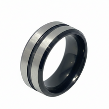 Load image into Gallery viewer, A modern two-band ring featuring a brushed silver outer band and a glossy black inner channel, shown on a plain white background.
